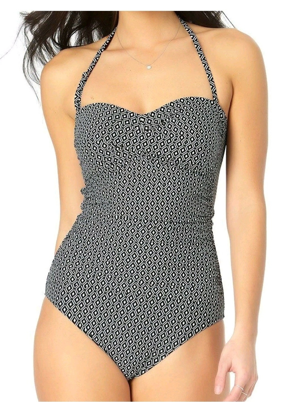 NWT Anne Cole Black & White Geometric Halter One-Piece
